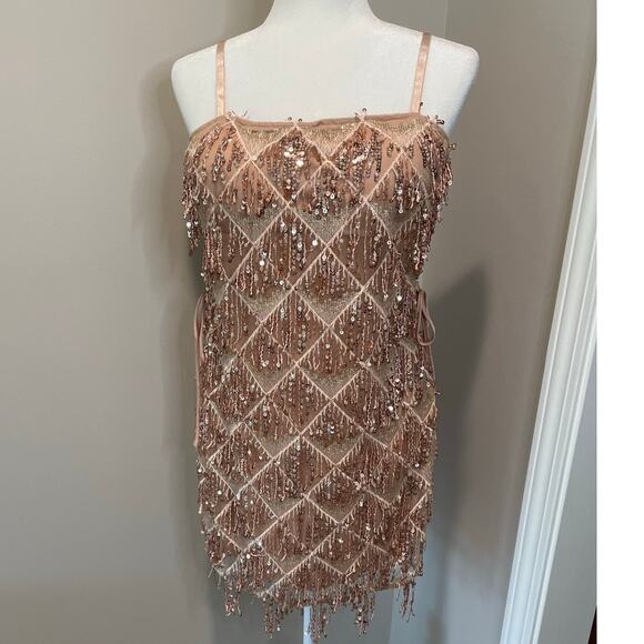 Akira Sequined Mini Dress Rose Gold NWOT Sheath Lace Up Sides Sz L Party Event - Picture 3 of 15